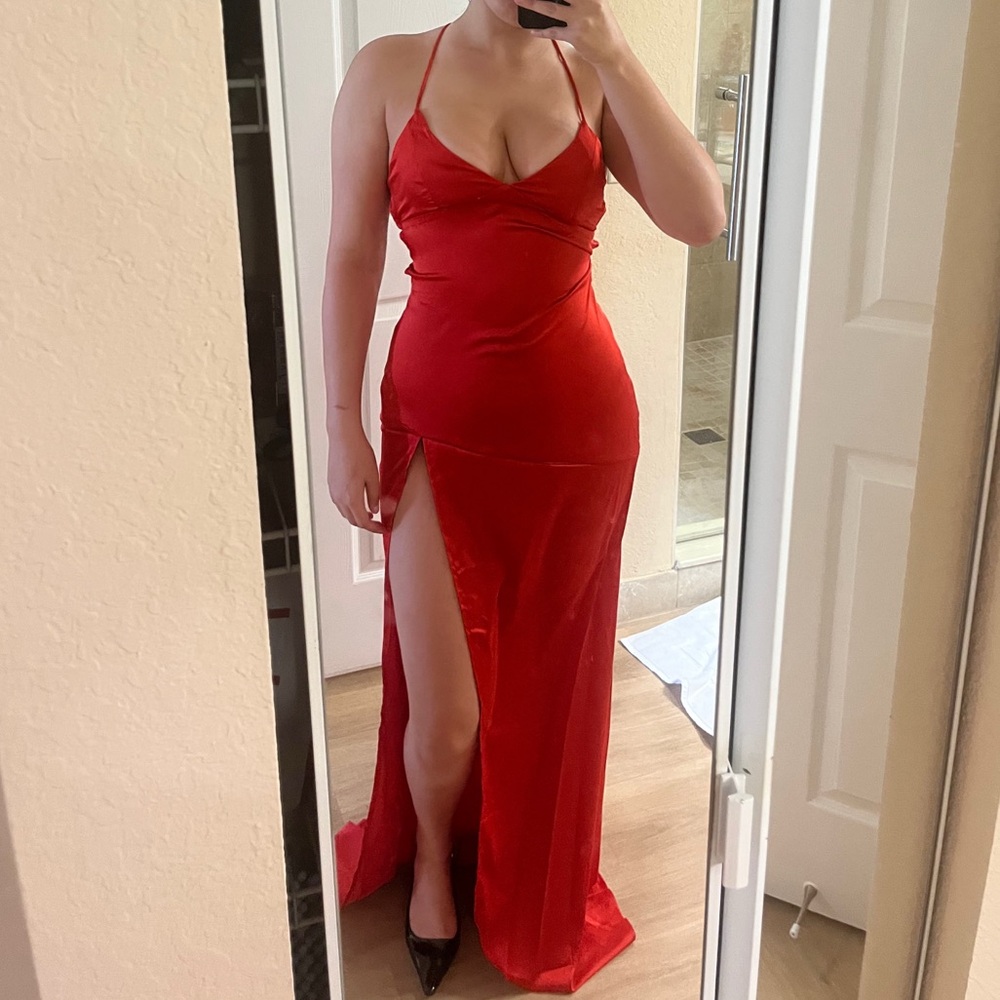 Red Ruched Bodycon Gown with Plunge Neckline